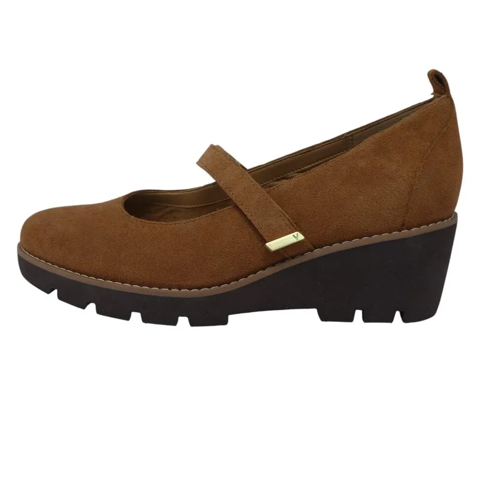 Vionic Alma Brown Suede Wedge Heel Mary Jane Shoes Womens 8.5 Wide